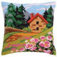 Cross-stitch cushion kit `Cottage on the edge`, 40cm x 40cm, Collection D`Art