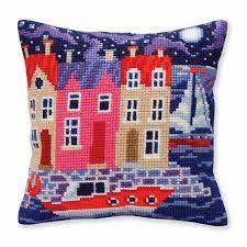 Cross-stitch cushion kit `Night harbor`, 40cm x 40cm, Collection D`Art
