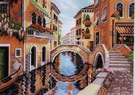 Cross-stitch stamped Aida `On streets of Venice`, 40cm x 29cm, Collection D`Art