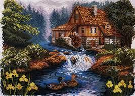 Cross-stitch stamped Aida `Water mill`, 40cm x 29cm, Collection D`Art