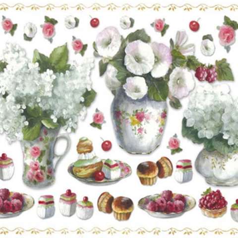 Papir za Decoupage - Teapots, white flowers and pastries