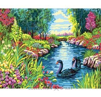 Printed tapestry canvas `Black swans`, 100% cotton, 50cm x 40cm, Collection D`Ar